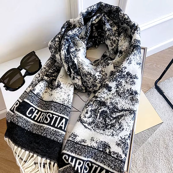 2024 Women'S New Scarf Ink Color Printing Black Border Shawl with White Tassels Winter Outdoor Warm Muslim Female Pashmina