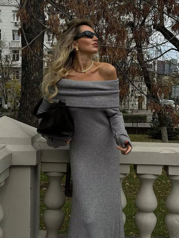 Off Shoulder Maxi Knitted Dress for Women Autumn Winter Fashion Elegant Chic Long Sleeve Black Dresses Street Slim Evening Robes