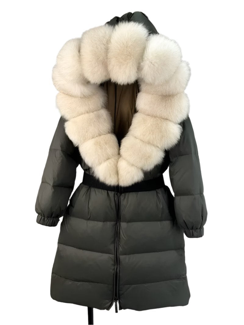 New Natural Thick Warm 90% White Duck down Coat Long Winter Jacket Women Real Big Fox Fur Collar Belt Loose Puffer Parka