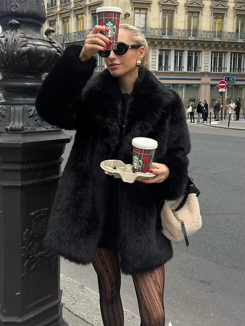 Fashion Solid Thicken Fur Coat for Women Elegant Turn down Collar Female Warm Coat 2023 Winter Long Sleeves Ladies Faux Fur Coat