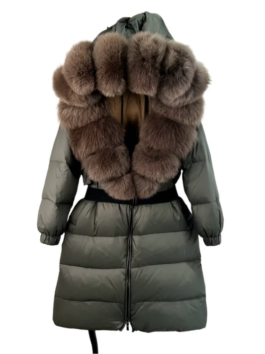 New Natural Thick Warm 90% White Duck down Coat Long Winter Jacket Women Real Big Fox Fur Collar Belt Loose Puffer Parka