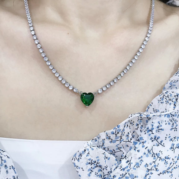 NEW 5A Heart Pendant CZ Iced Out Bling Green CZ Tennis Necklace for Women Girlfriend Valentine'S Gift Fashion Jewelry Bijoux