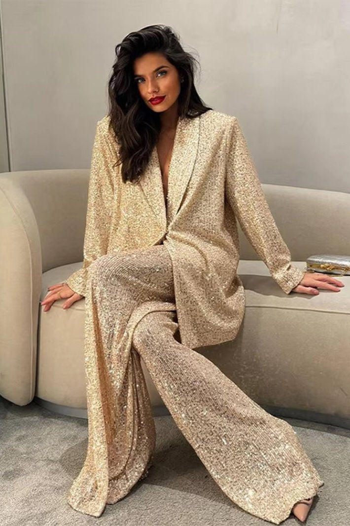 Fashion Sequines Jacket Pants Suits Women One Button Lapel Long Sleeve Coat Wide Leg Pant Suit 2024 Autumn Commuting Loose Sets