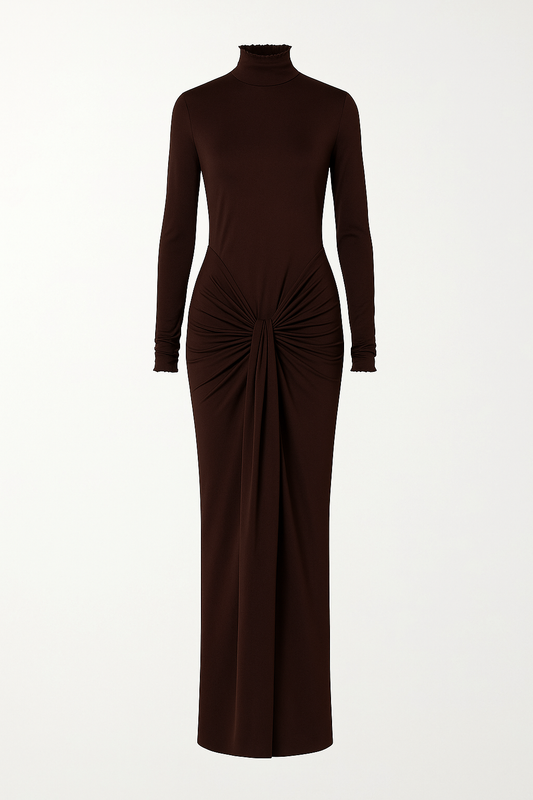 Close-up of draped waist detail on long sleeve bodycon dress, highlighting hourglass silhouette.