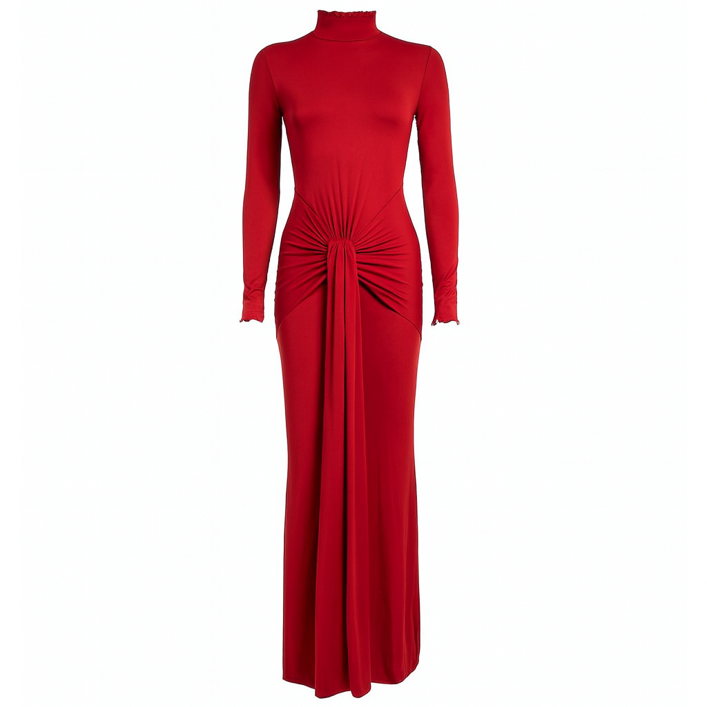Bold red bodycon dress with long sleeves, high neckline, and gathered waist design – chic cocktail and evening dress.