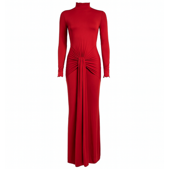 Bold red bodycon dress with long sleeves, high neckline, and gathered waist design – chic cocktail and evening dress.
