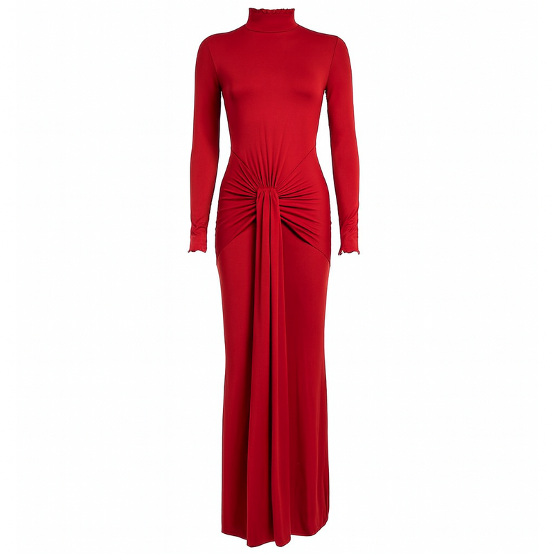 Bold red bodycon dress with long sleeves, high neckline, and gathered waist design – chic cocktail and evening dress.