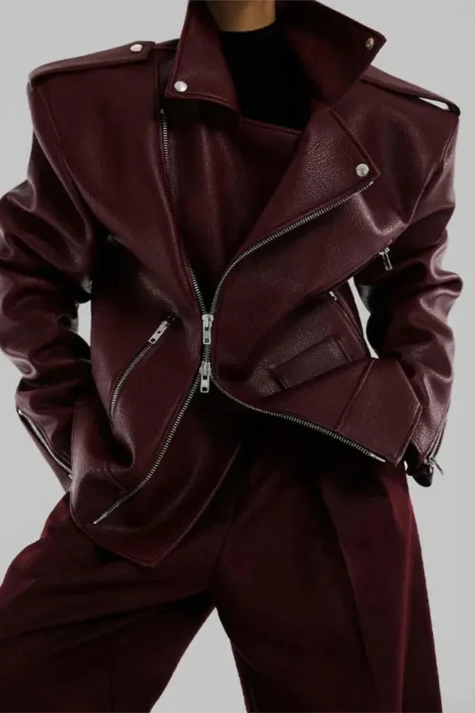 Burgundy Double Zipper Coat                 Chic&Charm