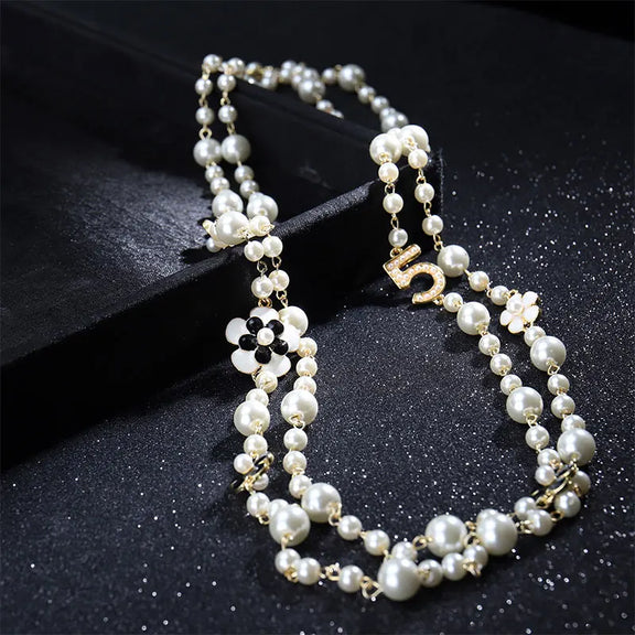 Luxury Quality Jewelry CC Style Camellia Pearl Necklace Long Pendants Layered Collares De Moda Flower Party Jewelry