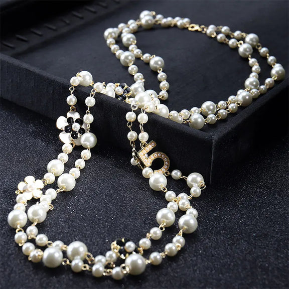 Luxury Quality Jewelry CC Style Camellia Pearl Necklace Long Pendants Layered Collares De Moda Flower Party Jewelry