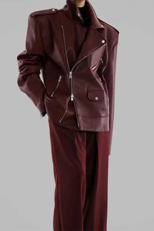 Burgundy Double Zipper Coat                 Chic&Charm