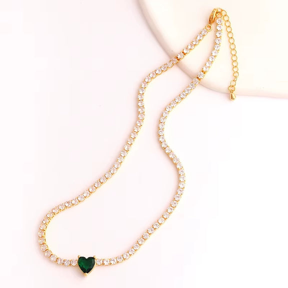 NEW 5A Heart Pendant CZ Iced Out Bling Green CZ Tennis Necklace for Women Girlfriend Valentine'S Gift Fashion Jewelry Bijoux