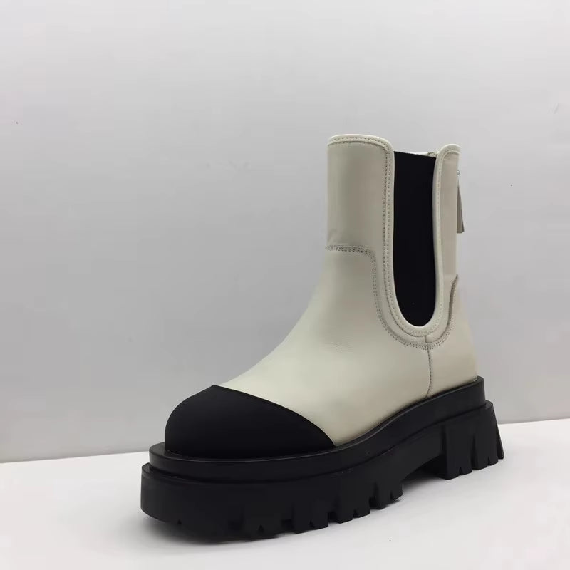 Women Spliced Genuine Leather Chelsea Boots Thick Platform Shoes round Toe Slip-On High Top Shoes New Female Casual Short Boots