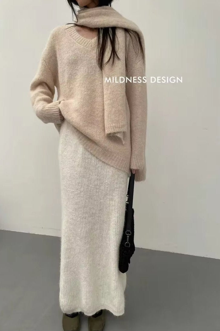 MILDNESS 2024 Winter New Korean Style Idle Sweater V-Neck Loose-Fit Slimming Long Alpaca Fleece Scarf with Wrap