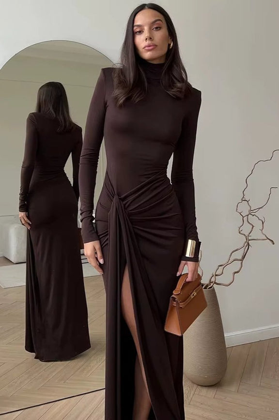 Turtleneck Thigh High Split Sexy Maxi Dress for Women Fashion Long Sleeve Draped Bandage Bodycon Club Long Dress