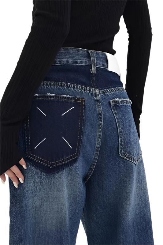 Blue High Waist Women Jeans Color Contrast Vintage American Fashion Streetwear Wide Leg Jean Female Trouser Baggy Denim Pants