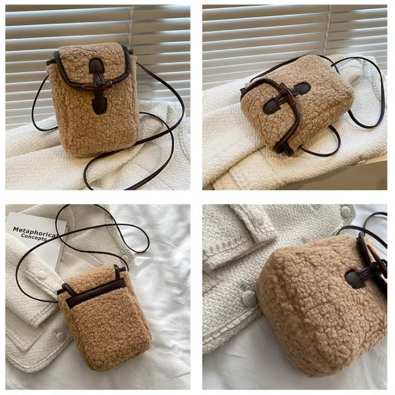 Lambswool Phone-Bag Women Faux Fur Bags Tender Sweet Lovely Cross Body Teenagers Female Portable Horn Button Plush Square Cozy