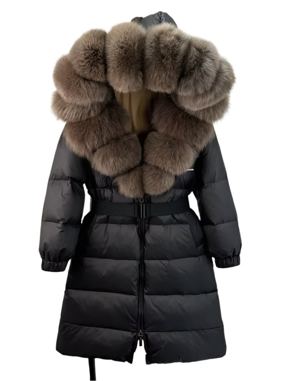 New Natural Thick Warm 90% White Duck down Coat Long Winter Jacket Women Real Big Fox Fur Collar Belt Loose Puffer Parka