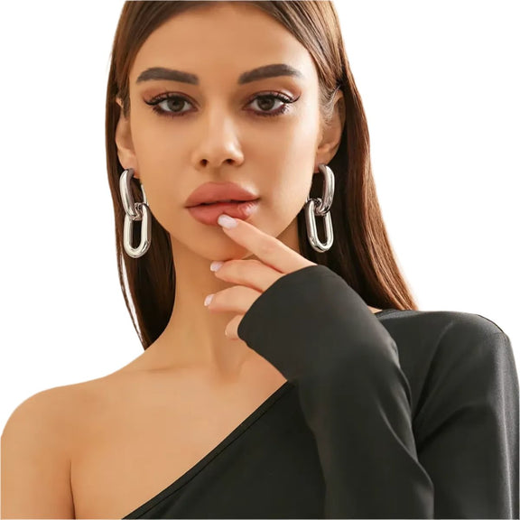 Retro Double Loop Design Drop Earrings Gold Color Geometric round Hoop Earrings for Women Girls Punk Hip Hop Fashion Jewelry