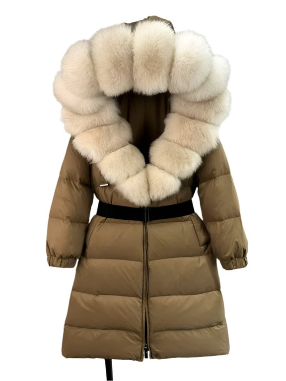 New Natural Thick Warm 90% White Duck down Coat Long Winter Jacket Women Real Big Fox Fur Collar Belt Loose Puffer Parka