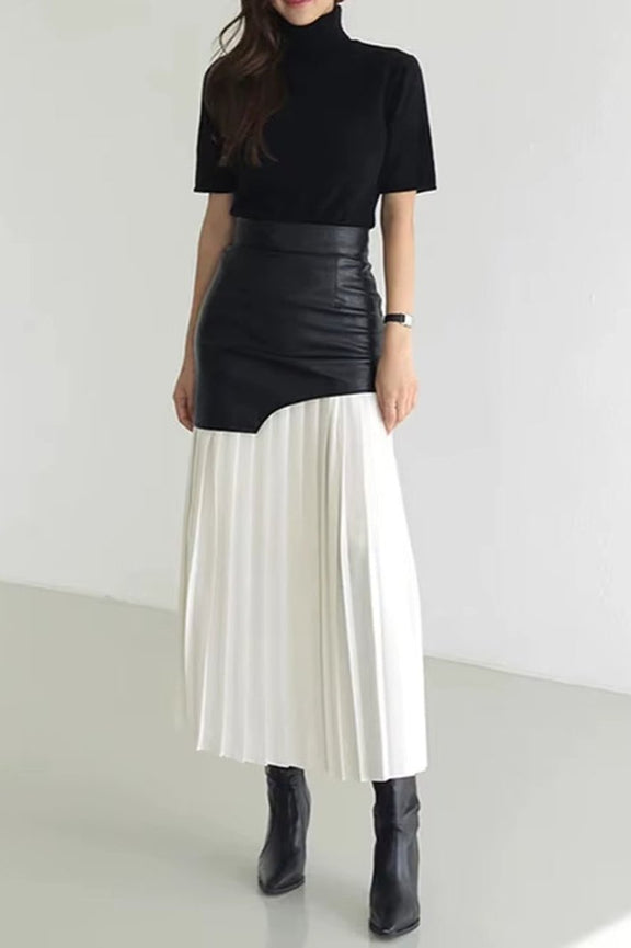 Patchwork Leather Elegant Slimming Skirts for Women High Waist Bodycon Colorblock Temperament Skirt Female Fashion Clothing