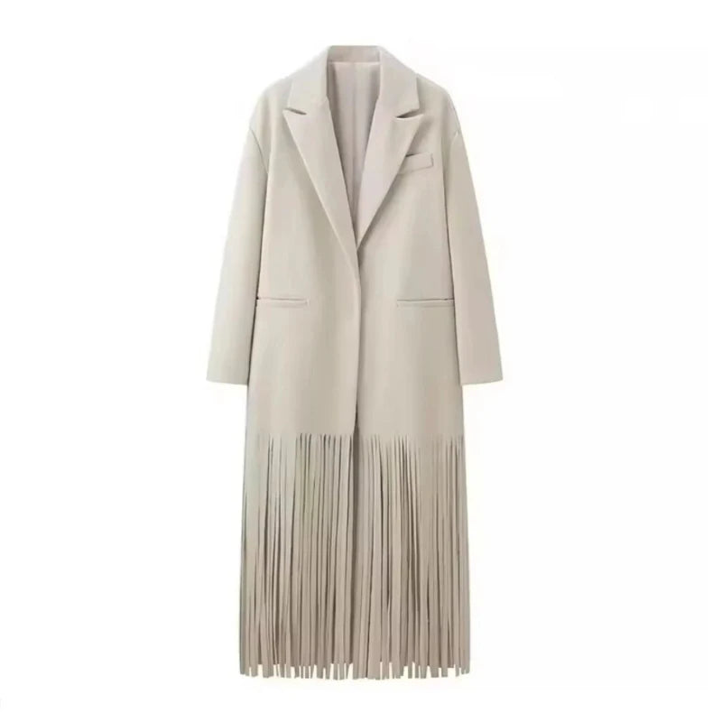 Cléa Coat – women’s mid-length fringe trenchcoat in beige with lapel collar, Chic & Charm