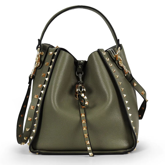 Trendy Cropped Studded Cow Leather Bucket Bag Crossbody Women'S Bag Lychee Pattern Single Shoulder Slant 2024 Model