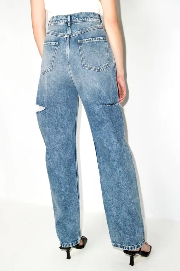 Fashion Women'S Loose High Waist Wide Leg Denim Pants Hollow Out Blue Long Straight Jeans Autumn 2024 New Fashion L2901H