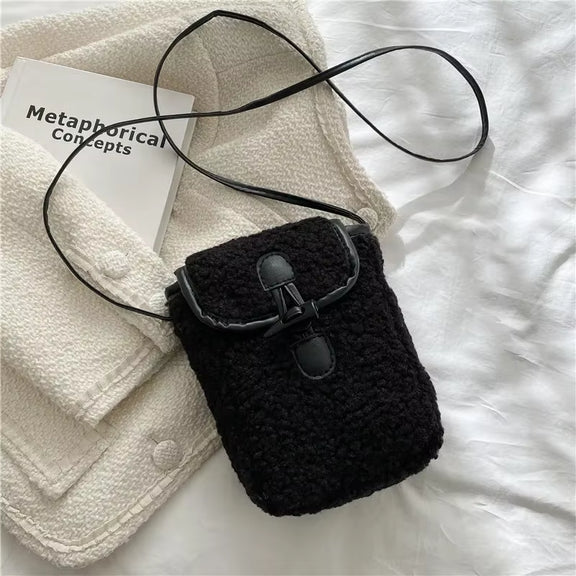 Lambswool Phone-Bag Women Faux Fur Bags Tender Sweet Lovely Cross Body Teenagers Female Portable Horn Button Plush Square Cozy