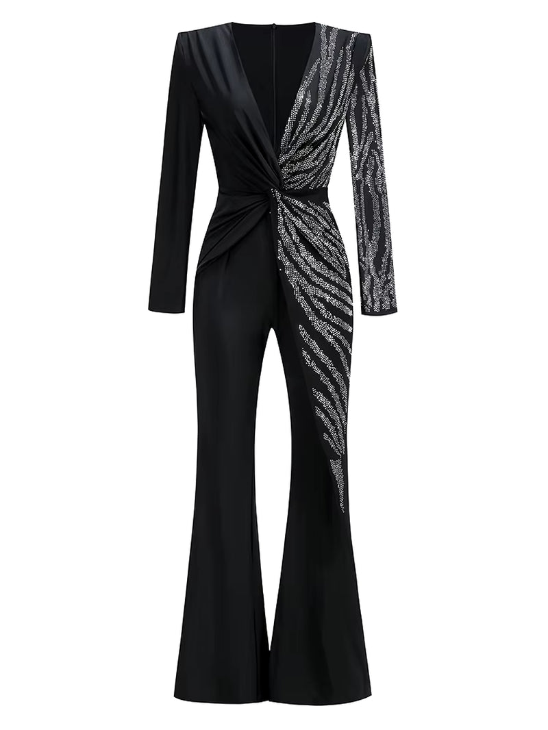 Sexy Deep V Neck Sparkly Diamonds Design Jumpsuit Women Long Sleeve Draped Wide Leg Jumpsuit Elegant Evening Club Costume Runway