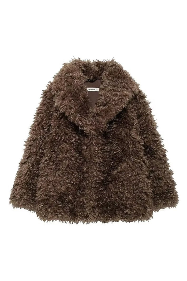 Women'S Fashion Brown Faux Fur Curly Coat Vintage Lapel Single Breasted Long Sleeve Coat Winter Warm High Street Wear Top