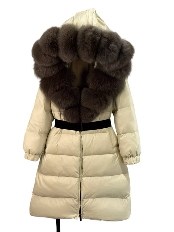 New Natural Thick Warm 90% White Duck down Coat Long Winter Jacket Women Real Big Fox Fur Collar Belt Loose Puffer Parka