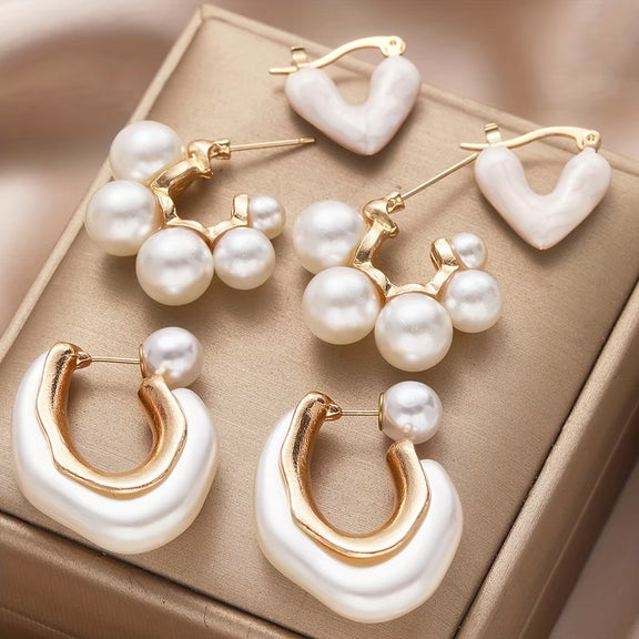 3 Pcs Delicate Imitation Pearl Heart Design Hoop Earrings Vintage Elegant Style Trendy Female Dating Earrings Set Jewelry Gifts