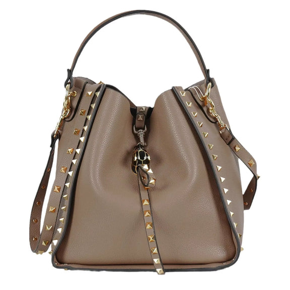 Trendy Cropped Studded Cow Leather Bucket Bag Crossbody Women'S Bag Lychee Pattern Single Shoulder Slant 2024 Model