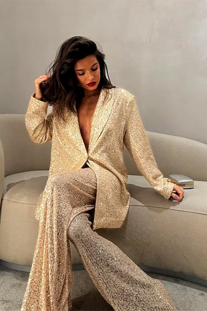 Fashion Sequines Jacket Pants Suits Women One Button Lapel Long Sleeve Coat Wide Leg Pant Suit 2024 Autumn Commuting Loose Sets