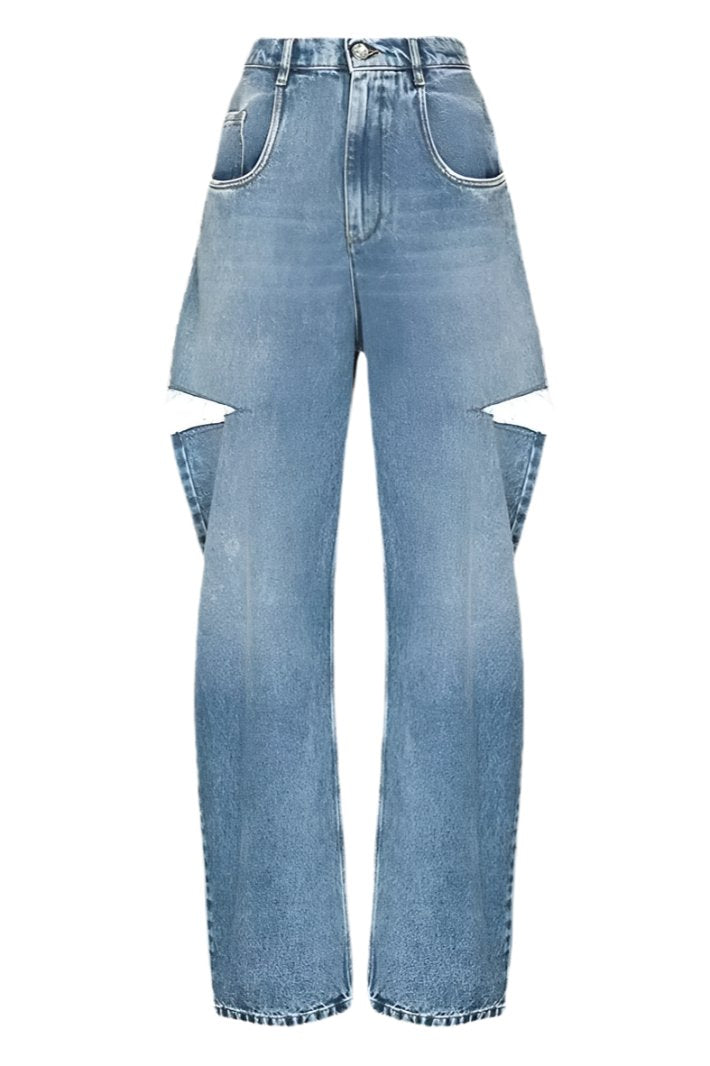 Fashion Women'S Loose High Waist Wide Leg Denim Pants Hollow Out Blue Long Straight Jeans Autumn 2024 New Fashion L2901H