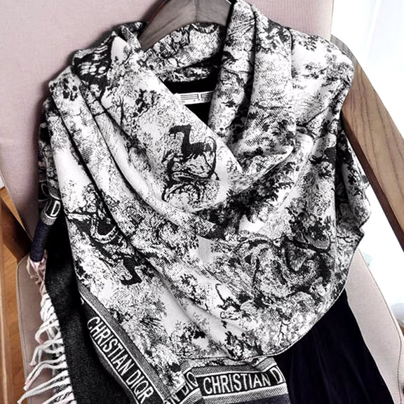 2024 Women'S New Scarf Ink Color Printing Black Border Shawl with White Tassels Winter Outdoor Warm Muslim Female Pashmina