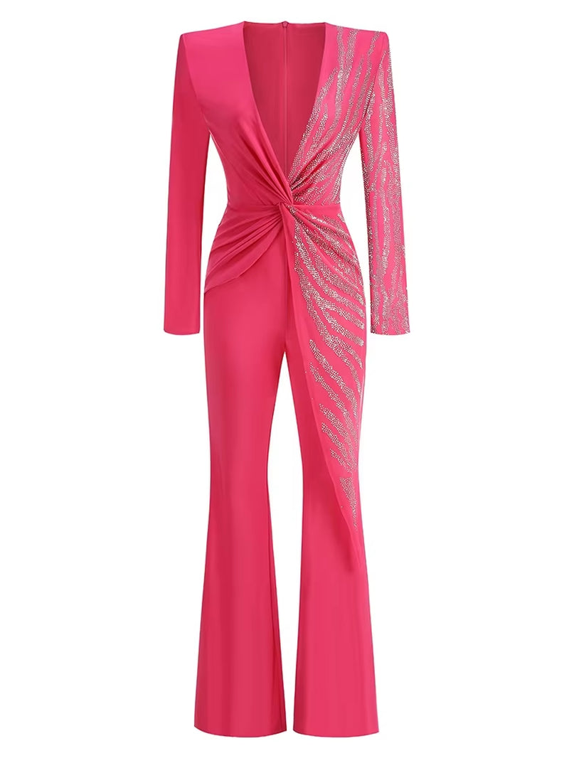 Sexy Deep V Neck Sparkly Diamonds Design Jumpsuit Women Long Sleeve Draped Wide Leg Jumpsuit Elegant Evening Club Costume Runway