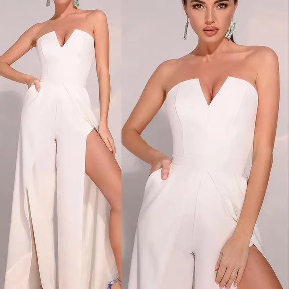 2024 New Summer Fashion Women'S Clothing Sexy Small V-Neck Strapless Casual Pants Side Slits Slims Smooths Silhouette Jumpsuit