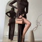 Turtleneck Thigh High Split Sexy Maxi Dress for Women Fashion Long Sleeve Draped Bandage Bodycon Club Long Dress