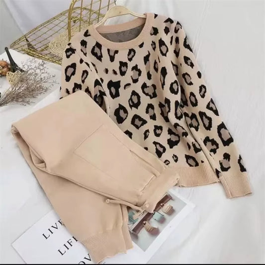 Leopard Knitted Pants 2 Piece Set Women Korean Fashion O-Neck Pullover Conjunto Casual Spring Fall Jogger Pantalones Outfits