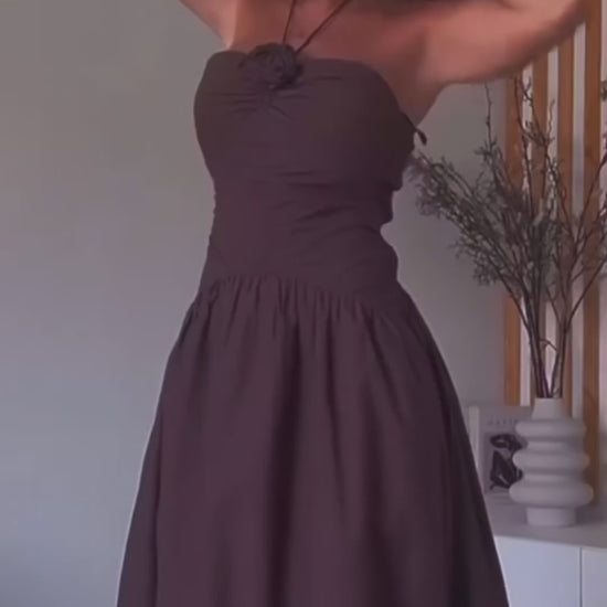 Elegant strapless mocha brown summer maxi dress with floral neck-tie detail, A-line silhouette, and ankle-length flow – lightweight non-stretch polyester, ideal for city days, beach cafés, vacations, and warm-weather events.