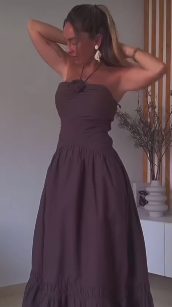 Elegant strapless mocha brown summer maxi dress with floral neck-tie detail, A-line silhouette, and ankle-length flow – lightweight non-stretch polyester, ideal for city days, beach cafés, vacations, and warm-weather events.