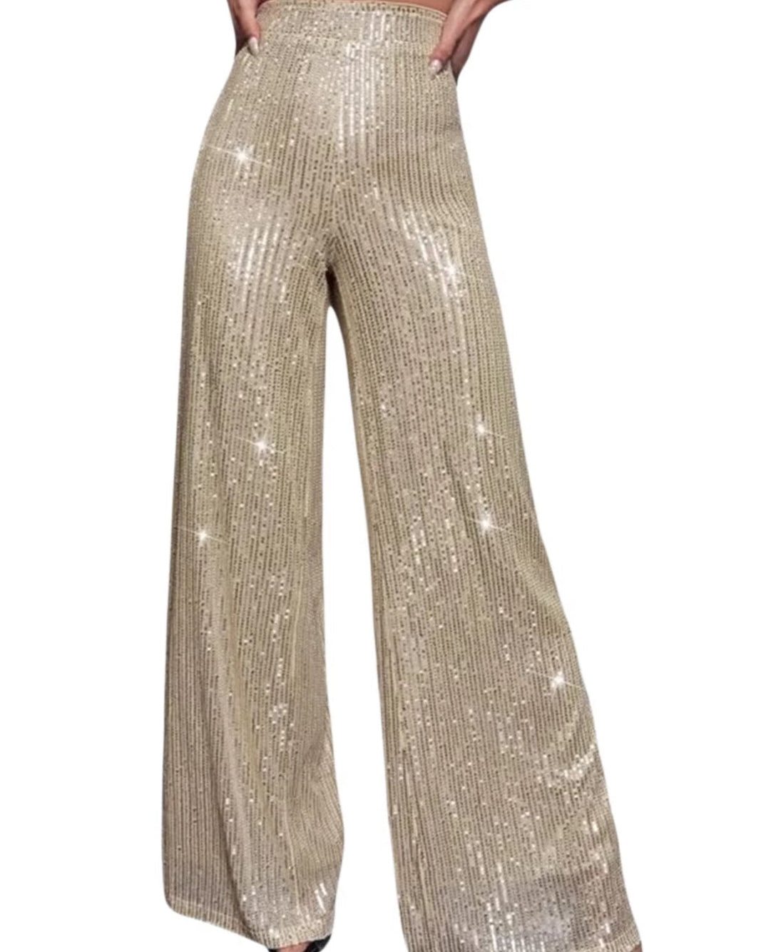 Stylish women's sequin flare pants featuring a flattering high waist and wide-leg bell-bottom design, perfect for parties, club nights, and special events. Shiny trousers that combine fashion and comfort for a statement look.