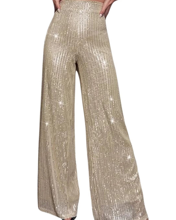 Stylish women's sequin flare pants featuring a flattering high waist and wide-leg bell-bottom design, perfect for parties, club nights, and special events. Shiny trousers that combine fashion and comfort for a statement look.