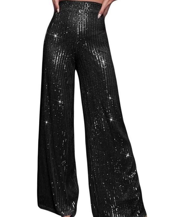 Stylish women's sequin flare pants featuring a flattering high waist and wide-leg bell-bottom design, perfect for parties, club nights, and special events. Shiny trousers that combine fashion and comfort for a statement look.