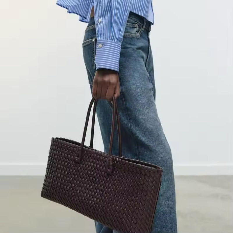 Brown woven PU leather tote bag for women with Scandinavian boho style – ELIN by Chic and Charm Store
