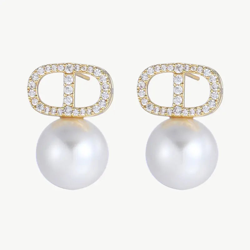 Luxurious 14K gold plated copper pearl earrings with sparkling zirconia, perfect for formal events