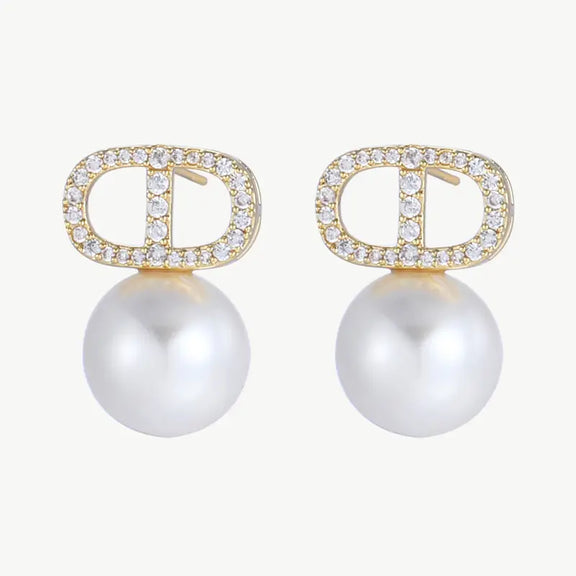 Luxurious 14K gold plated copper pearl earrings with sparkling zirconia, perfect for formal events