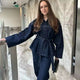 2-piece women’s set made of cotton and polyester – high-waisted wide-leg pants and belted jacket, stylish high street outfit, durable and comfortable.